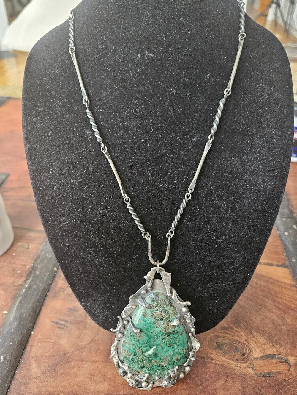 Bespoke Mary Switzer Sterling Silver Green Turquoise Statement Pendant Necklace